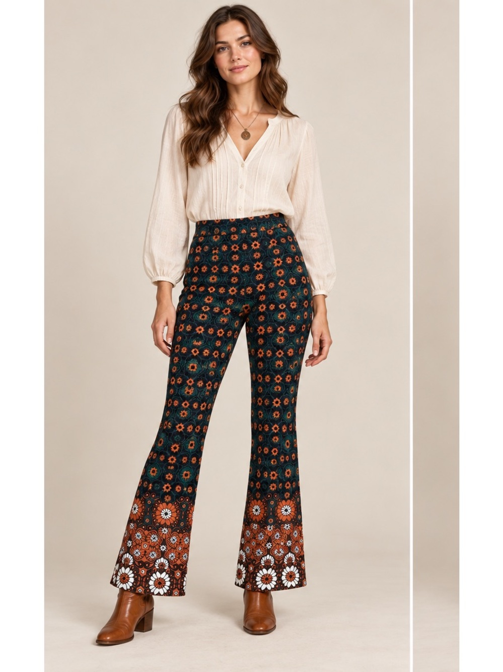 Maeve Fall Earthy Floral Boho 70’s Retro Fall Stretch Textured Flare Pants Small